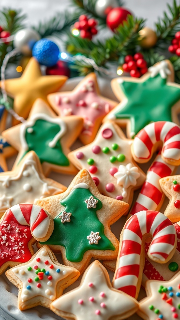 A variety of decorated Christmas sugar cookies in festive shapes on a holiday-themed table.